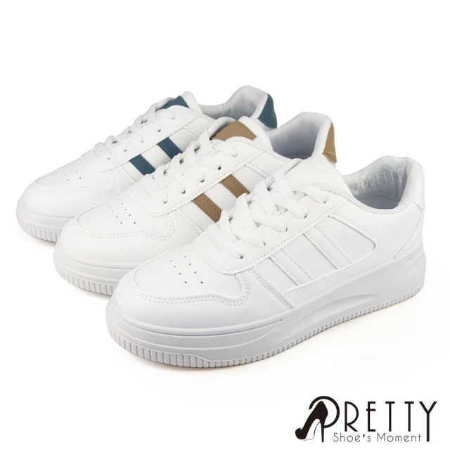 【Pretty】女 小白鞋 休閒鞋 板鞋 厚底 綁帶(白藍、棕色、白色)