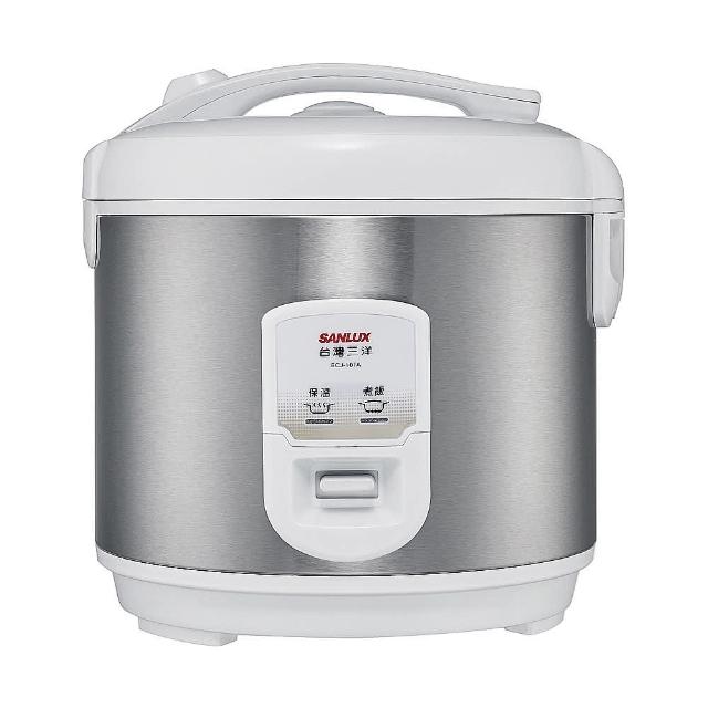 SANLUX臺灣三洋 ECJ-10TA 電子鍋，專為10人家庭設計，銀色系外觀時尚大方，採用鋁合金內鍋，均勻加熱煮出美味飯菜。尺寸295x295x285mm，110V/60Hz運作，消耗功率600~700W，中國製造，BSMI認證R32251，享有1年保固。適合日常煮飯、蒸煮等多功能使用，讓廚房生活更便捷！