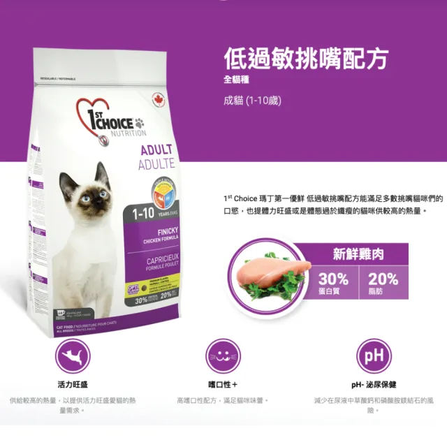 【1stChoice 瑪丁】低過敏成貓挑嘴配方 1歲以上適用/5.44kg/11.9磅(貓飼料/化毛配方)