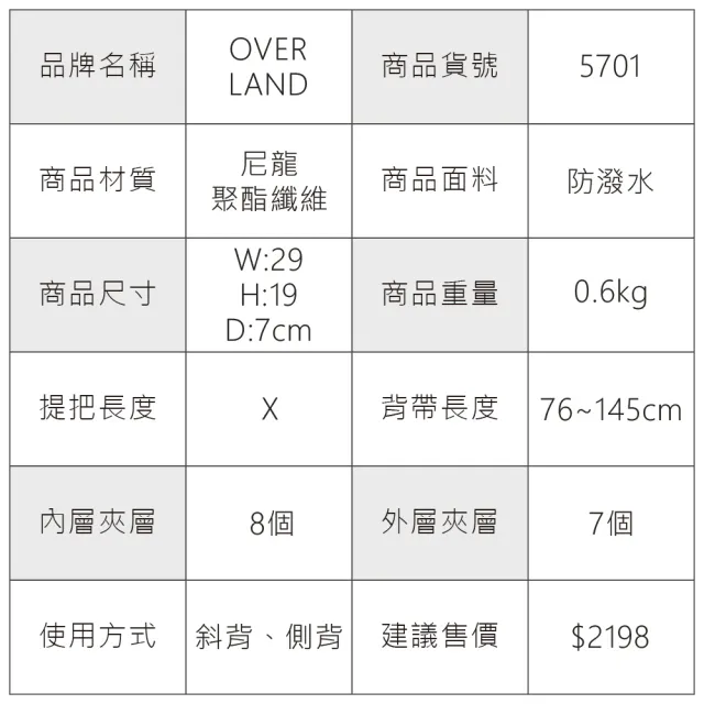 【OverLand】美式十字軍 - 商務休閒風多口袋側背包(5701)