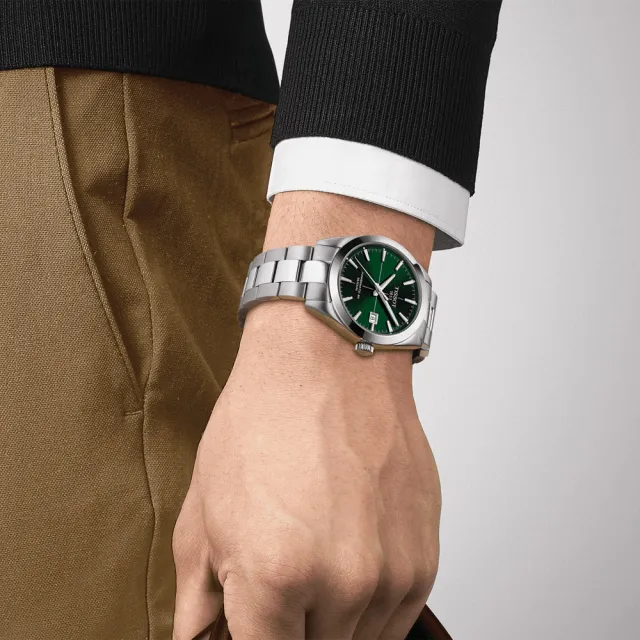 【TISSOT 天梭】GENTLEMAN 80小時矽游絲紳士機械手錶-綠 送行動電源(T1274071109101)