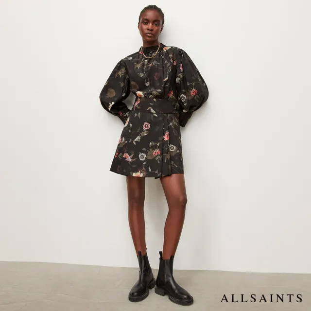 【ALLSAINTS】LUNA KANESHON 舒適純棉高領蓬鬆衣袖印花洋裝-粉(常規版型)