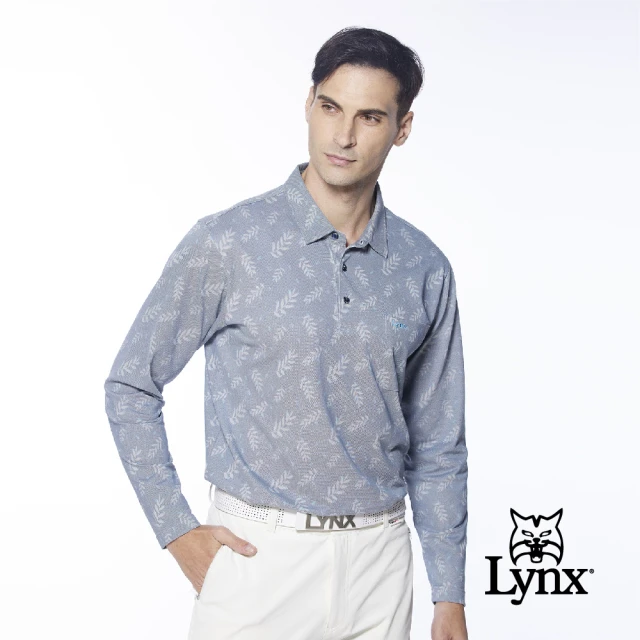 【Lynx Golf】男款吸排抗UV樹葉幸運草圖樣胸袋款長袖POLO衫/高爾夫球衫(深藍色)