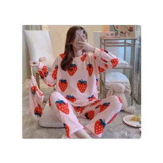 【Annita】可愛草莓  珊瑚絨法蘭絨兩件式居家服女睡衣(兩件式套裝/連身睡衣/居家服/長袖/保暖睡衣)