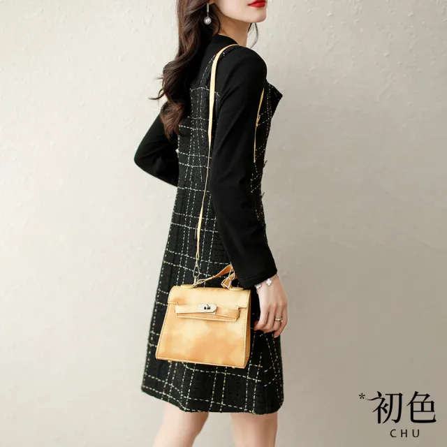 【初色】氣質格紋假兩件雙排扣連身裙洋裝-黑色-91540(M-2XL可選)