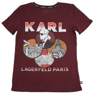 【KARL LAGERFELD 卡爾】老佛爺公仔巴黎地標圖案個性棉短T(酒紅)
