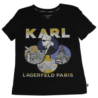 【KARL LAGERFELD 卡爾】老佛爺公仔巴黎地標圖案個性棉短T(黑)