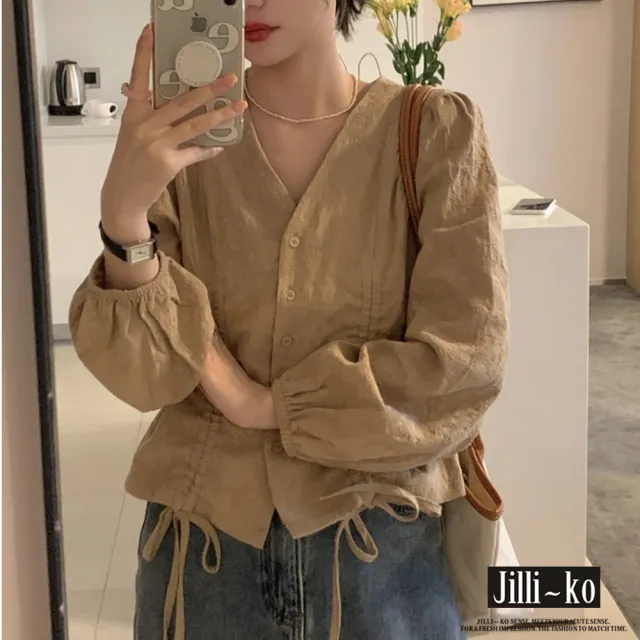 【JILLI-KO】買一送一 韓版chic造型繫帶V領襯衫-F(白/卡)