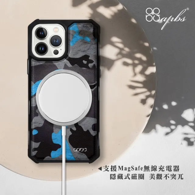 【apbs】iPhone 13 Pro Max / 13 Pro / 13 軍規防摔皮革磁吸手機殼(數位迷彩藍-黑殼)