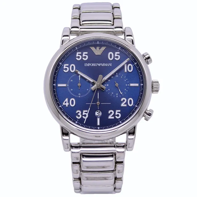 【EMPORIO ARMANI】ARMANI低調的沉穩計時優質個性腕錶-銀+藍-AR11132