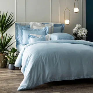 【WEDGWOOD】100%亞麻素色床包被套枕套四件組-水藍(雙人)