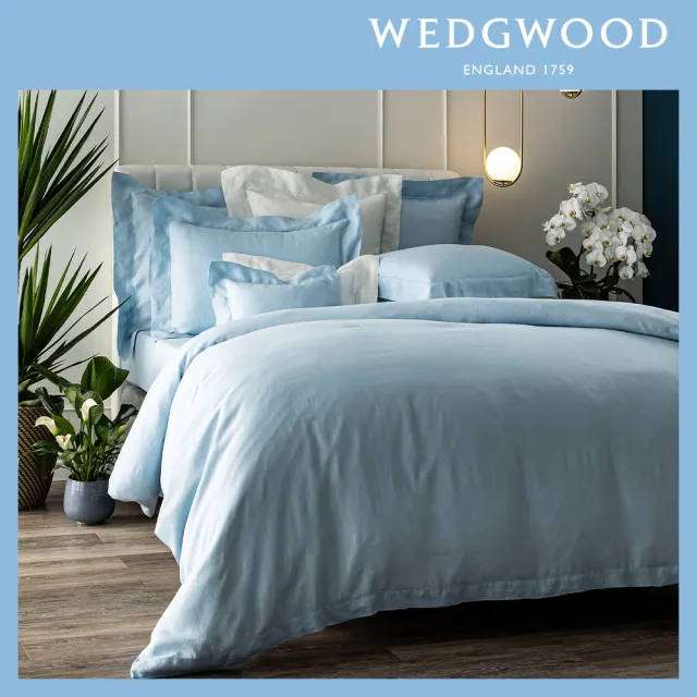 【WEDGWOOD】100%亞麻素色床包被套枕套四件組-水藍(加大)