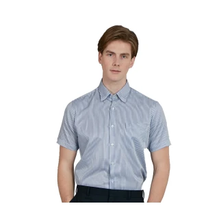 【ROBERTA 諾貝達】台灣製 合身版 休閒直條紋短袖襯衫(藍色)