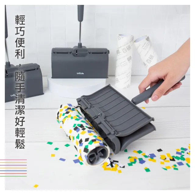 【UdiLife】百研掀蓋式伸縮長柄膠黏拖把60周(伸縮長柄+補充包3入 地毯斜撕寵物除塵隨手黏清潔滾輪筒紙捲)