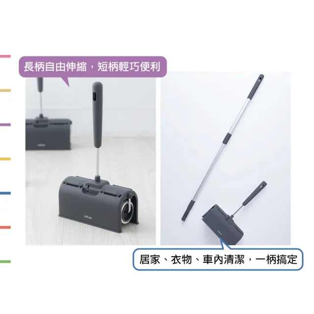 【UdiLife】百研掀蓋式伸縮長柄膠黏拖把60周(伸縮長柄+補充包3入 地毯斜撕寵物除塵隨手黏清潔滾輪筒紙捲)