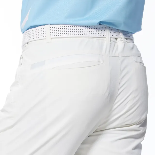 【Lynx Golf】男款日本進口布料拉鍊口袋設計後袋配布剪接平口休閒長褲(白色)