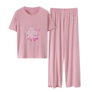 【Amhome】日系高質感莫代爾帶胸墊印花睡衣家居兩件式套裝#111999現貨+預購(粉紅)