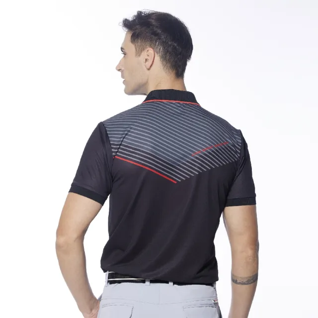【Lynx Golf】男款涼感舒適合身版Mesh透氣半身簡約線條短袖POLO衫/高爾夫球衫(黑色)