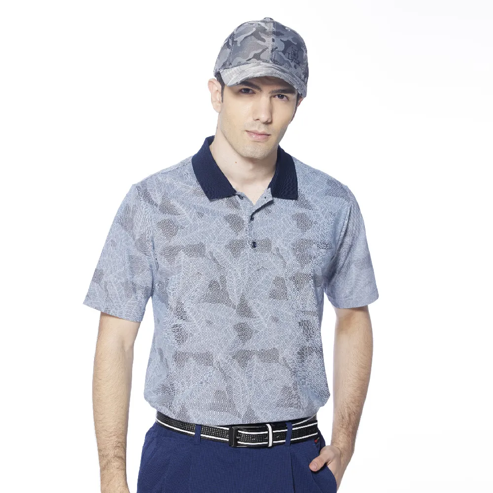 【Lynx Golf】男款吸排抗UV滿版樹葉圖樣胸袋款短袖POLO衫/高爾夫球衫(深藍色)