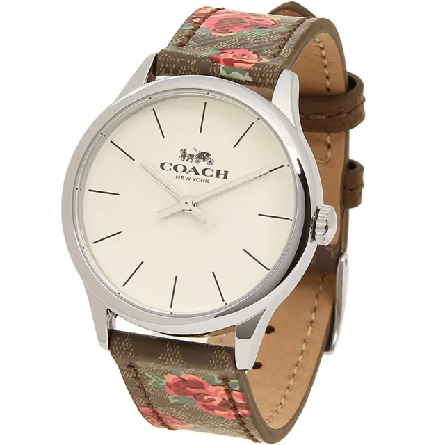【COACH】白錶盤X花朵卡其PVC LOGO錶帶手錶