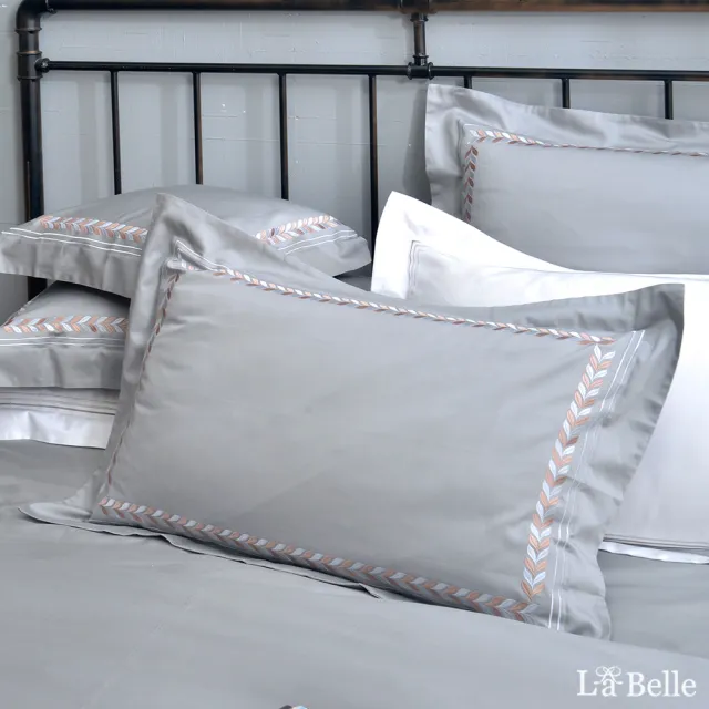 【La Belle】《歐典米亞》特大長絨細棉刺繡四件式被套床包組(雅仕灰)
