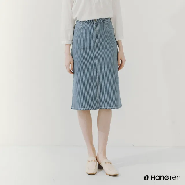 【Hang Ten】女裝-REGULAR FIT條紋丹寧中長裙(淺藍)