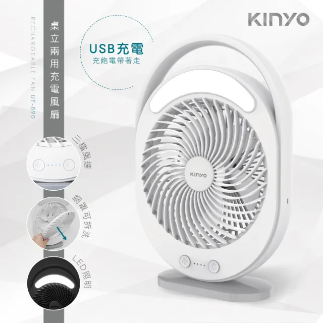 【KINYO】桌立兩用USB充電風扇(LED燈 UF-890)