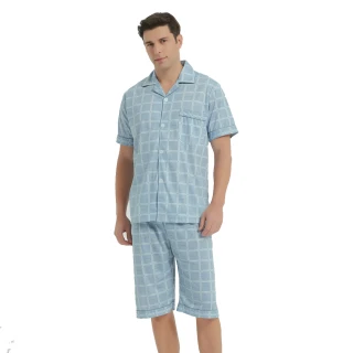 【蕾妮塔塔】學院風藍格紋 男性短袖兩件式睡衣(R18048水藍)