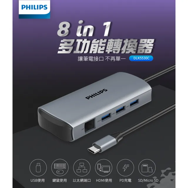 【Philips 飛利浦】DLK5530C 8合一 typeC/USB/HDMI☆ HUB集線器(4K高畫質/可PD充電)