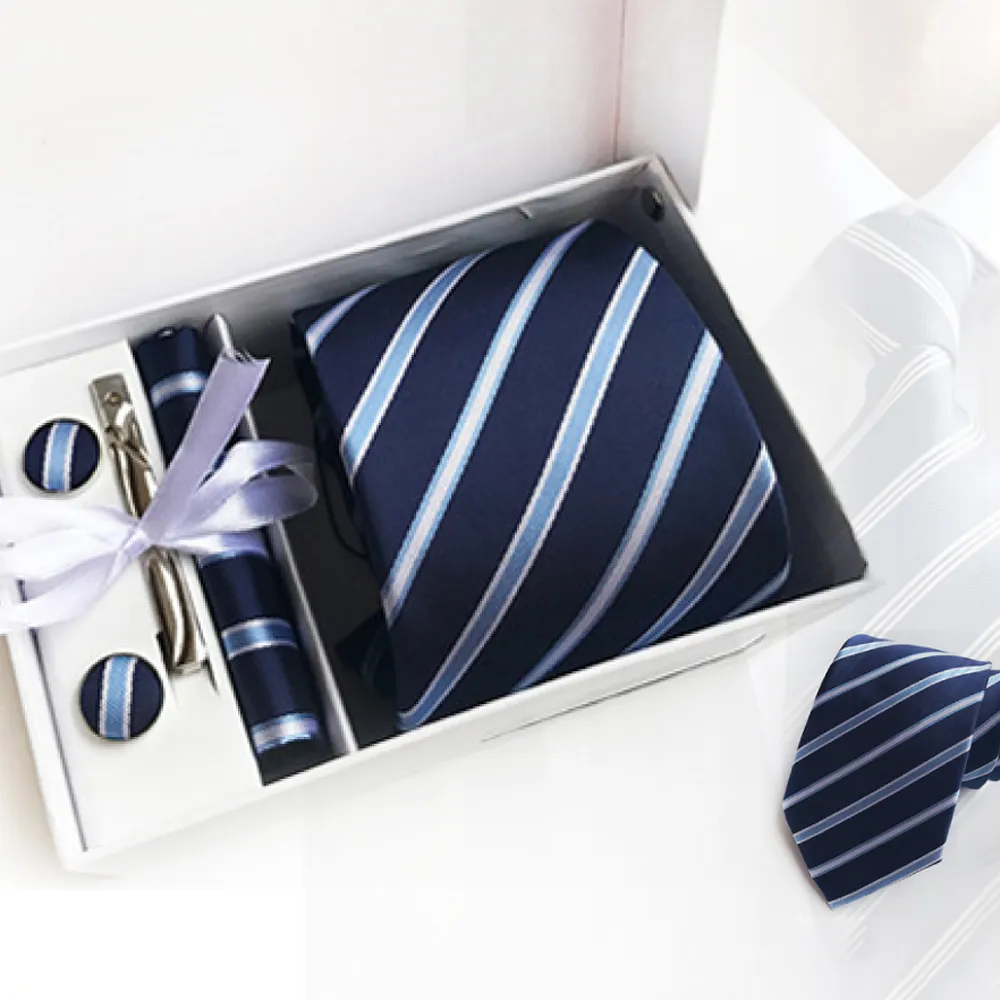 【THE GENTRY 紳】時尚紳士男性領帶六件禮盒套組-藍白斜紋款(精美禮盒裝-送禮、禮物)