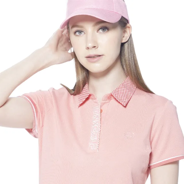 【Lynx Golf】女款吸濕排汗格紋領片門襟繡花設計短袖POLO衫(粉橘色)