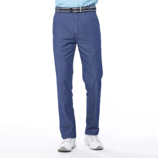 【Lynx Golf】男款彈性舒適百搭純棉素面款式平面休閒長褲(牛仔藍色)