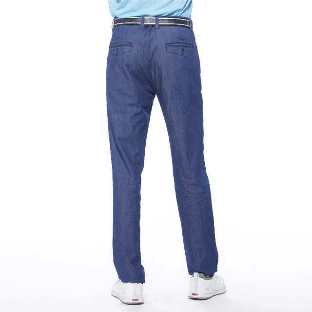 【Lynx Golf】男款彈性舒適百搭純棉素面款式平面休閒長褲(牛仔藍色)