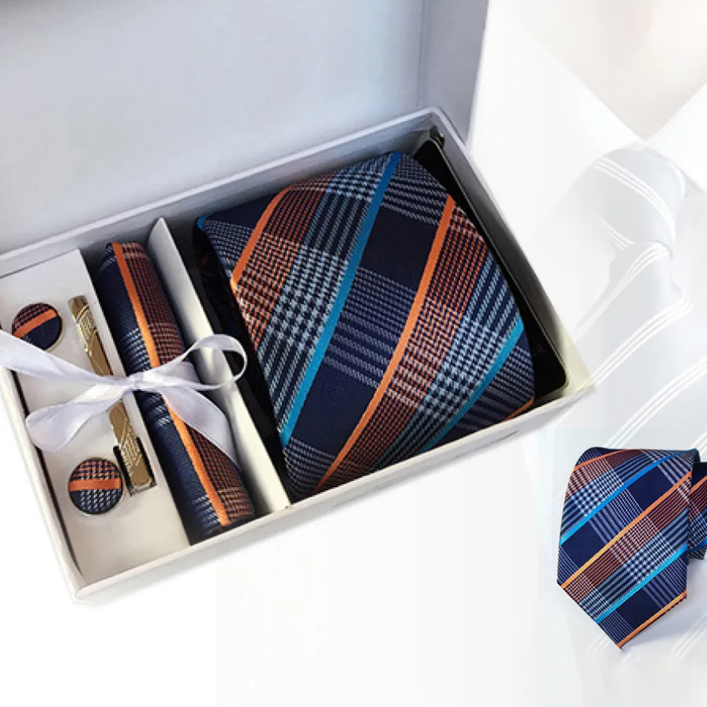 【THE GENTRY 紳】時尚紳士男性領帶六件禮盒套組-藍橘線條款(精美禮盒裝-送禮、禮物)