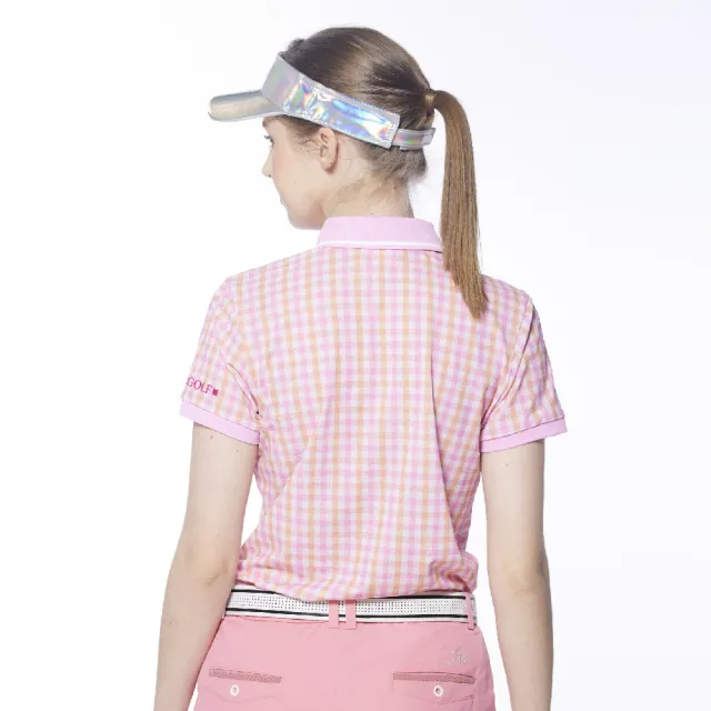 【Lynx Golf】女款吸濕排汗蛀蟲紗羅紋領滿版格紋短袖POLO衫/高爾夫球衫(粉紅色)