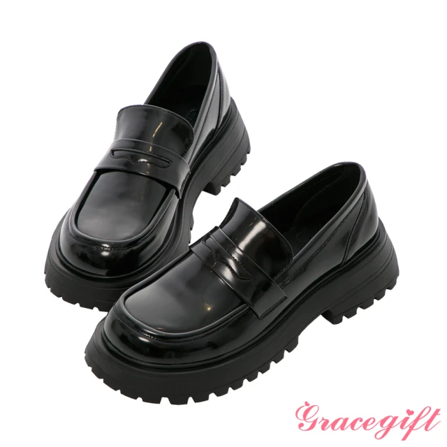 【Grace Gift】便仕鋸齒厚底樂福鞋(黑漆)