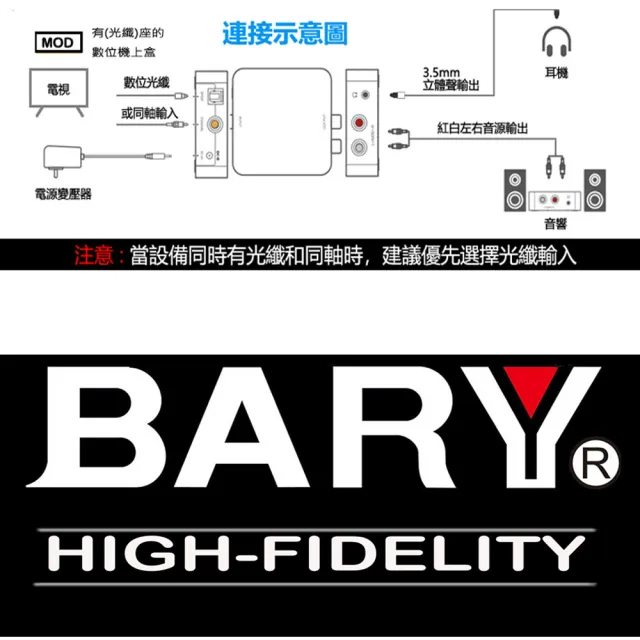 【BARY】數位DTS光纖音訊轉接類比RCA轉換器(贈送光纖1米線DT-08)