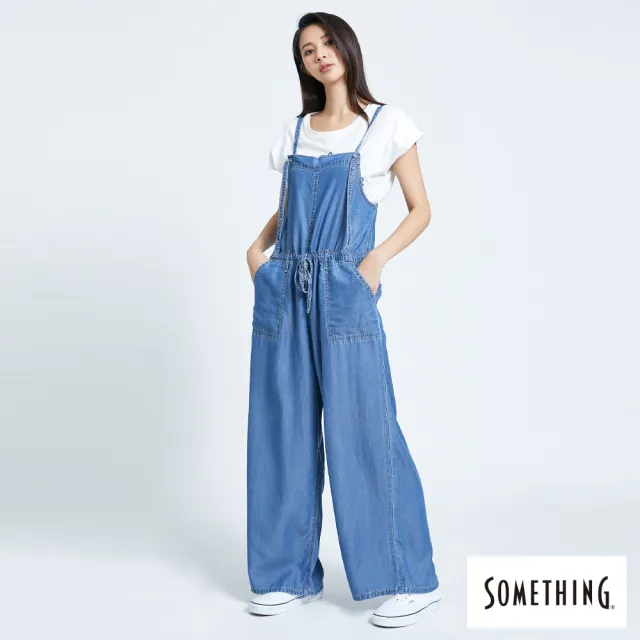 【SOMETHING】女裝 綁繩寬鬆吊袋牛仔長褲(中古藍)