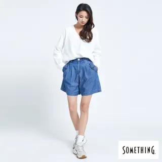 【SOMETHING】女裝 NEO FIT袋蓋打摺條紋五分褲(拔洗藍)
