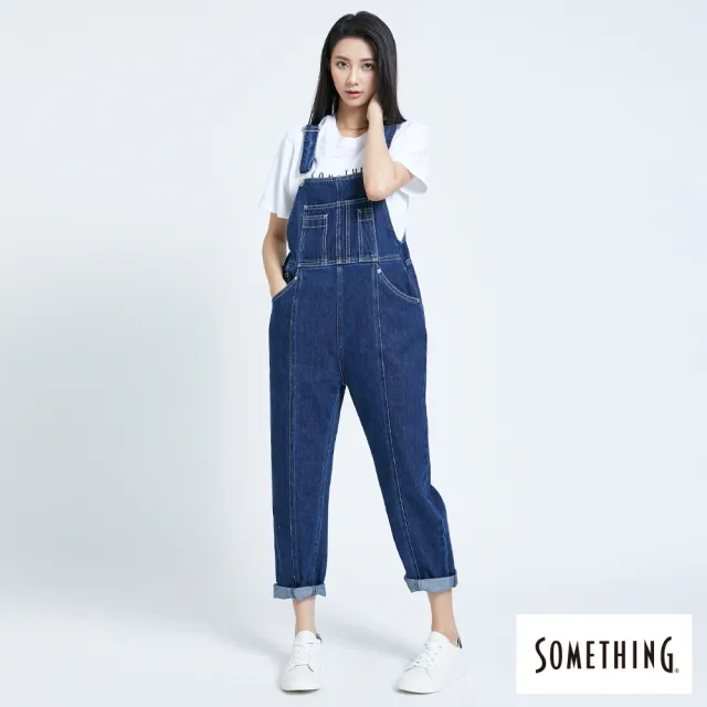 【SOMETHING】女裝 NEO FIT個性寬鬆吊帶長褲(酵洗藍)