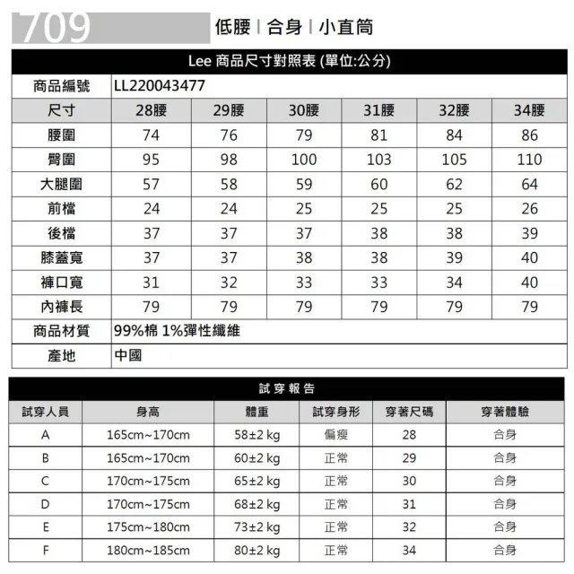 【Lee 官方旗艦】男裝 牛仔褲 / 709 低腰合身小直筒 中藍洗水(LL220043477)