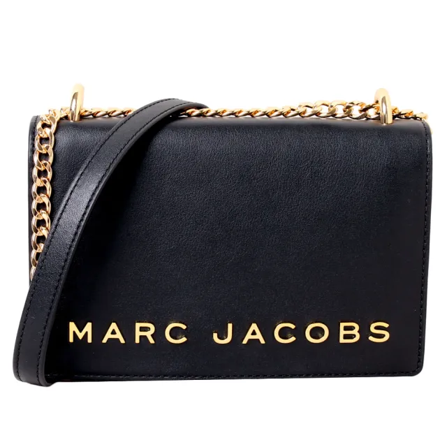 【MARC JACOBS 馬克賈伯】金色LOGO質感皮革掀蓋式斜背包(黑)