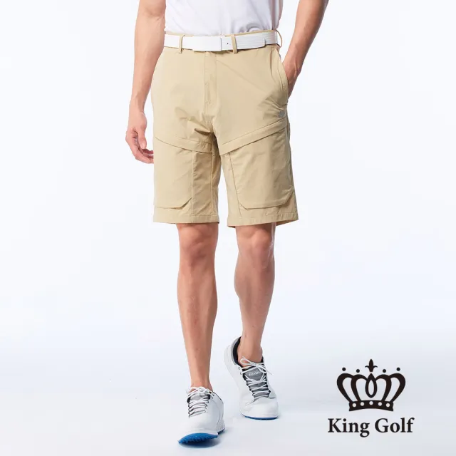 【KING GOLF】網路獨賣款-速達-LOGO燙標口袋造型立體剪裁彈性高爾夫球短褲(卡其)