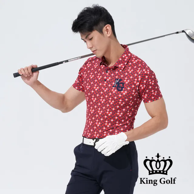 【KING GOLF】網路獨賣款-速達-男款小花印圖KG刺繡開襟POLO衫/高爾夫球(紅色)