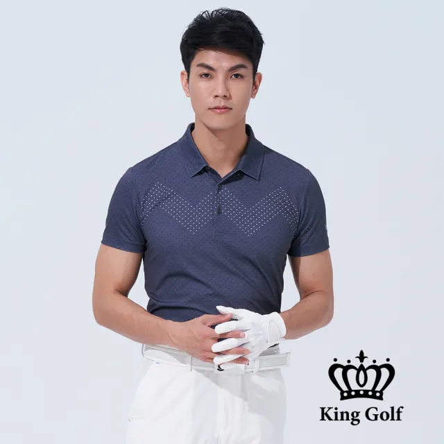 【KING GOLF】速達-男款三角撞色印圖開襟POLO衫/高爾夫球衫(深灰)