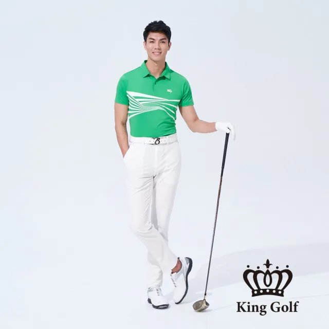 【KING GOLF】速達-男款放射線條撞色印圖開襟POLO衫/高爾夫球衫(綠色)