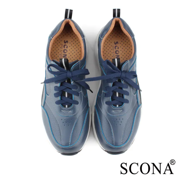 【SCONA 蘇格南】全真皮 輕彈力舒適綁帶休閒鞋(藍色 1285-2)