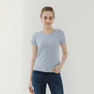 【Hang Ten】女裝-BCI純棉經典腳丫V領短袖T恤(花紗藍)