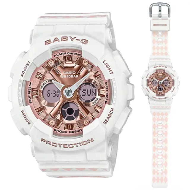 CASIO 卡西歐】BABY-G 校園風白底經典粉紅格紋雙顯錶(BA-130SP-7A 格紋