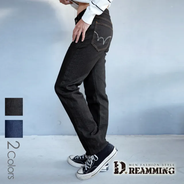 【Dreamming】義法旗幟布標伸縮小直筒牛仔褲(共二色)